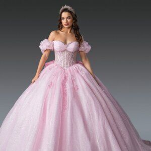 New Off Shoulder Ball Gown w/ Floral Lace Embroidery & Layered Skirt DQ 1985